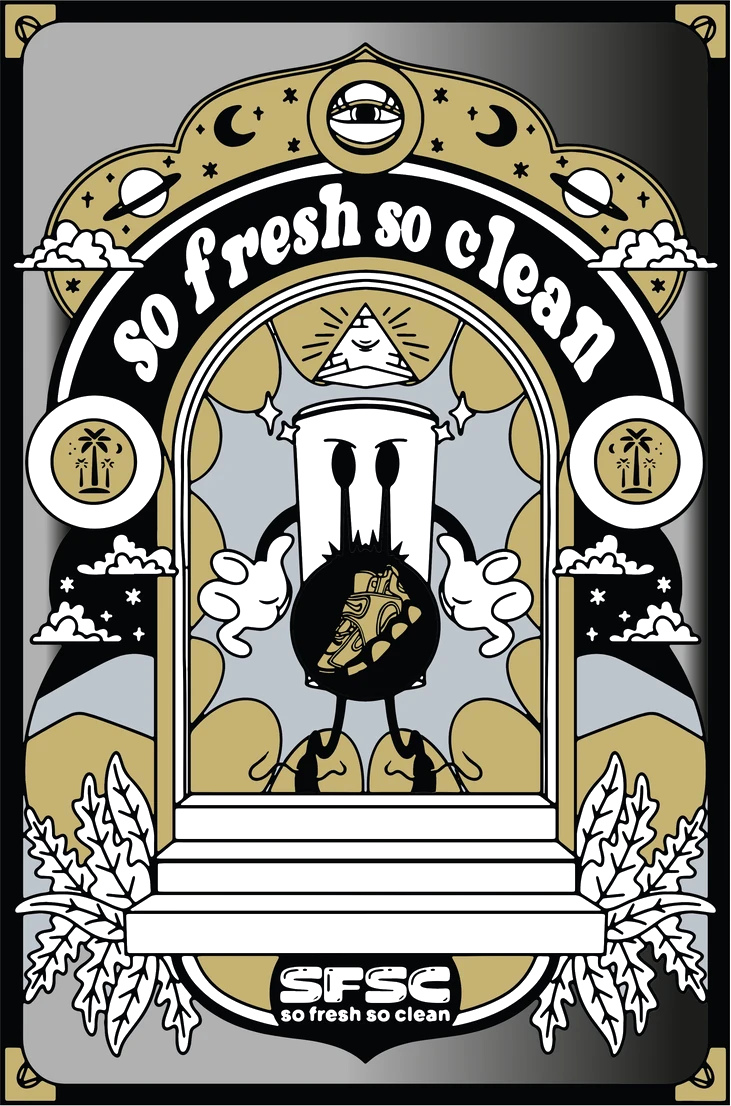 Ilustración de la marca SFSC en formato carta, con la mascota y motivos art déco